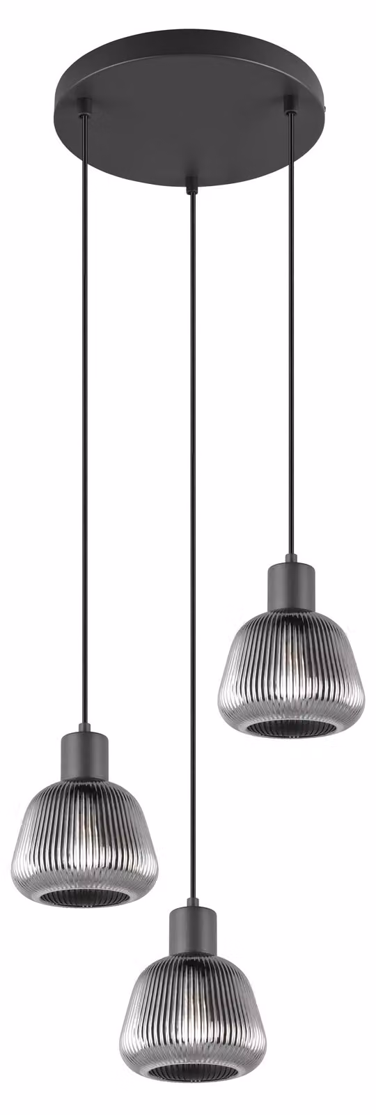 Lampada a sospensione a 3 luci, struttura in metallo nero, vetro cromato, larghezza 90 cm