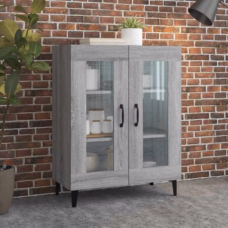Credenza vidaXL in legno multistrato e vetro, colore Grigio Sonoma, L: 69,5 cm, P: 34 cm, H: 90 cm