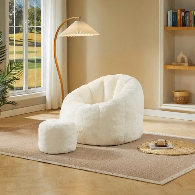 Poltrona sacco a fiore con poggiapiedi WISHDOR in peluche effetto coniglio, colore bianco, L 105 cm x P 105 cm x H 70 cm