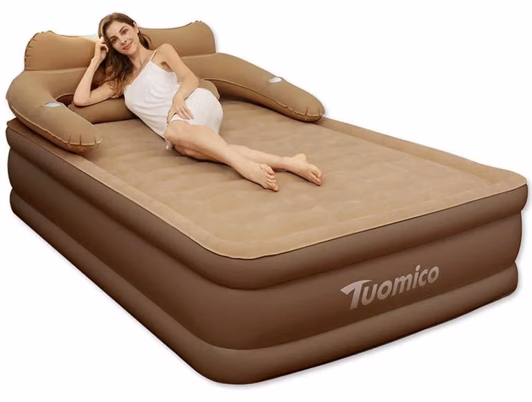 Materassino gonfiabile per campeggio, 2 persone - Materassino gonfiabile con schienale - 203x152x48 cm - Adatto per interni ed esterni - Superficie in PVC floccato - Marrone