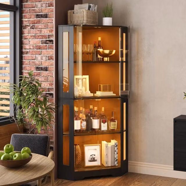 Vetrina angolare con 4 ante in vetro temprato LED RGB ripiani regolabili per collezioni MDF nero 60 × 60 × 165 cm