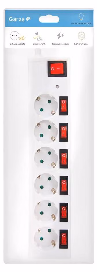 Garza Power-Base, presa multipla a 6 prese Schuko con interruttore, protezione da sovratensione, 1,5 m, bianco