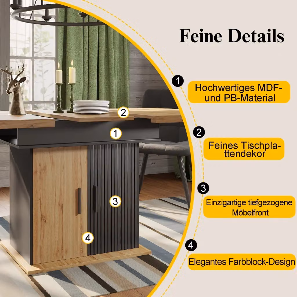 Tavolo da pranzo allungabile REDOM moderno in MDF nero, L/P/H: 110-140 x 80 x 75 cm – 2