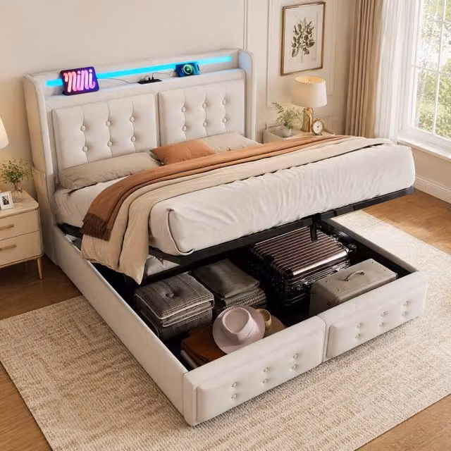 Letto matrimoniale 160x200 cm con contenitore; LED; USB-C e tessuto beige