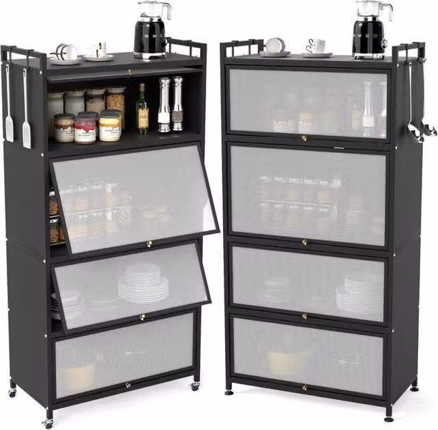 Armadio da cucina a 5 ripiani con 4 ante a ribalta e piedini regolabili, Carrello porta microonde per sala da pranzo Nero
