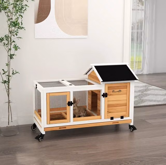 Casetta mobile in legno per conigli nani e porcellini d'India con ruote, 108 x 58 x 73,5 cm, gialla