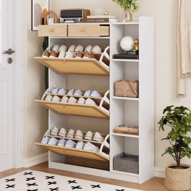 Scarpiera moderna OKWISH in MDF bianco con 3 ante a ribalta, cassetti e vani aperti, L: 90 cm, P: 24 cm, H: 130 cm
