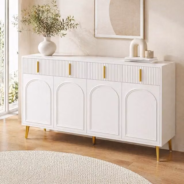 Credenza moderna bianca con dettagli dorati e 4 cassetti in MDF per soggiorno e sala da pranzo