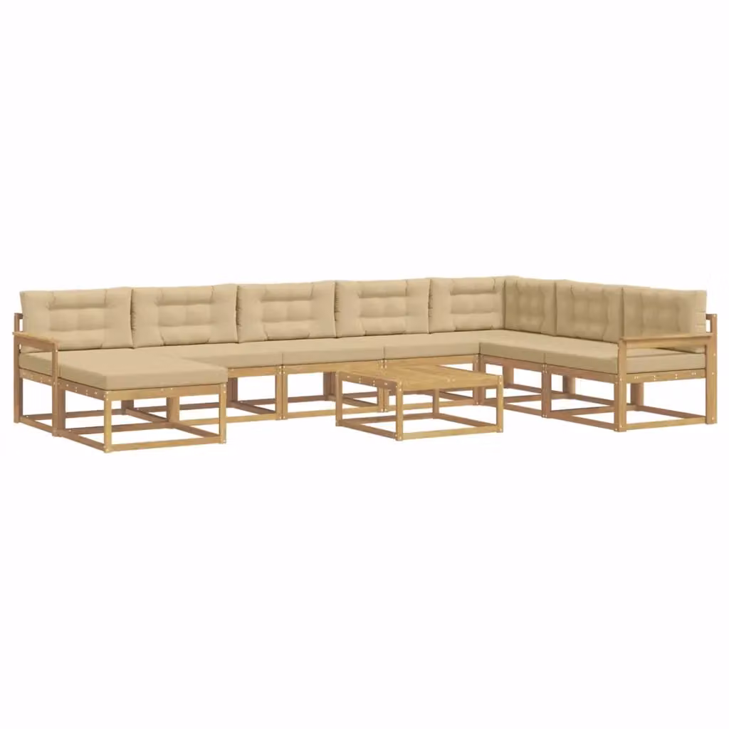 Set di divani da esterno a L vidaXL in legno di acacia con pouf e tavolino, Bianco e Beige – 2