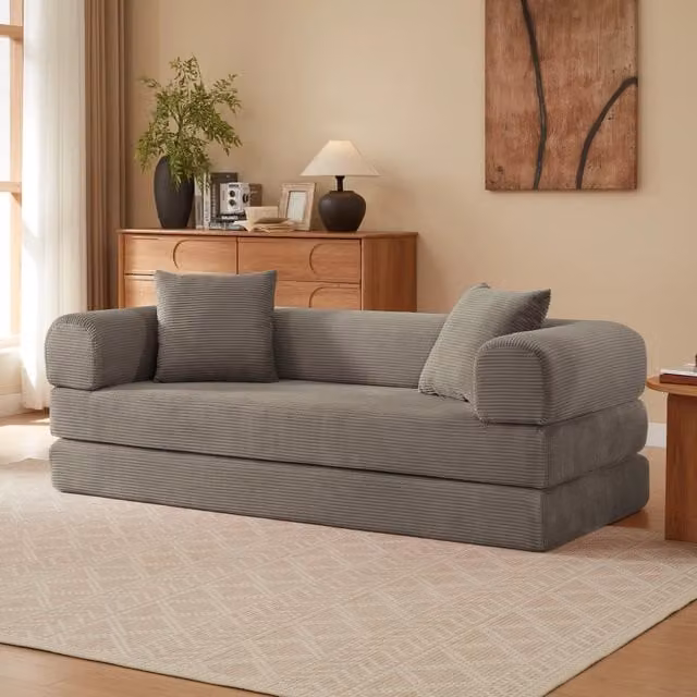 Divano letto modulare Mivray in velluto traspirante disponibile nei colori beige e grigio per soggiorno o camera da letto