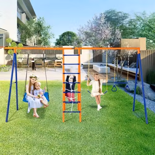 Altalena da Giardino 6 in 1 VEVOR in Metallo con 2 Altalene, Barra a Trapezio e Scala da Arrampicata, Multicolore, Capacità 200 kg