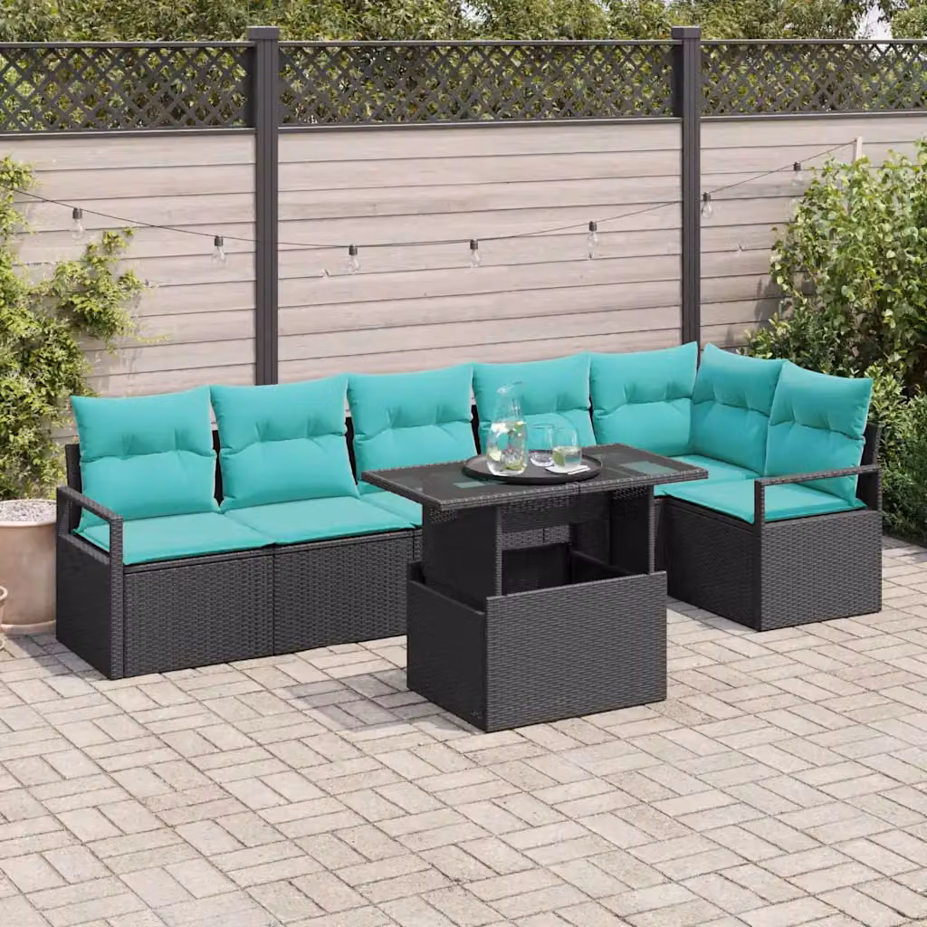 Set Divano da Giardino vidaXL a Forma di U con 7 Pezzi, Nero e Blu