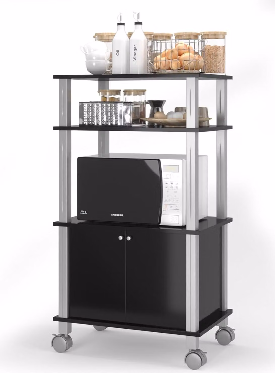 Carrello da cucina KOMFOTTEU a 3 ripiani per microonde, scaffale da cucina con ruote e armadietto con ante, carrello ausiliario in legno, carrello di servizio, organizer per sala da pranzo, 60 x 40 x 98 cm (nero)