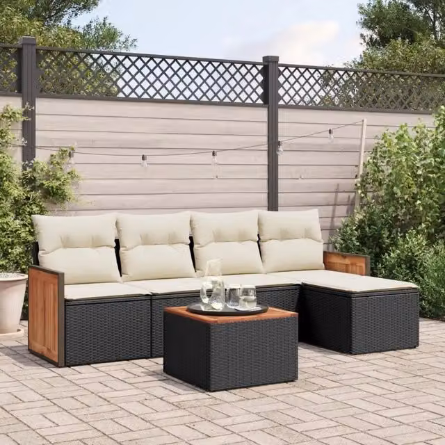 Set Divano da Giardino 6 pz con Cuscini Nero in Polyrattan 3260005