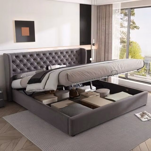 Letto imbottito 180x200 - Xylo - Grigio velluto telaio idraulico