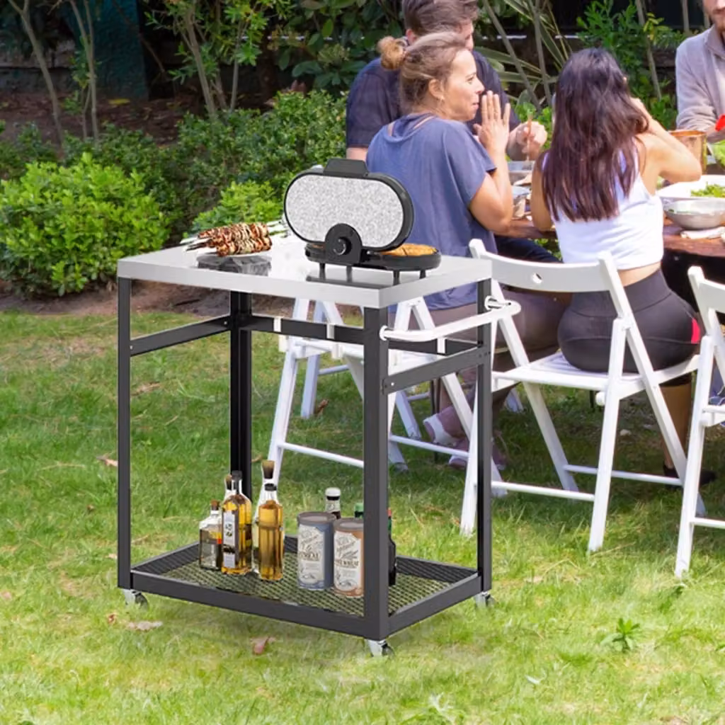 Carrello Design Mania in acciaio inossidabile a 2 livelli con ruote e maniglia, Tavolo per forno pizza Nero e Argento, L/P/H: 84.5 x 50.5 x 83.5 cm – 2