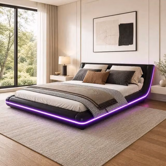 Letto a piattaforma 160 × 200 cm con LED controllabili tramite app in PU nero e rete a 12 doghe in MDF