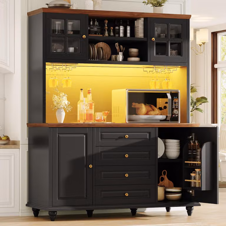 Pensili da cucina okwish con LED RGB e 4 cassetti, mobiletto da cucina con portabicchieri, ripiani interni regolabili, pensile, colore nero