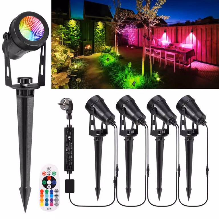 Set di 4 fari da giardino a LED, lunghezza 15 metri, RGB, 12V, 3W, 1200 lumen, grado di protezione IP65, con telecomando