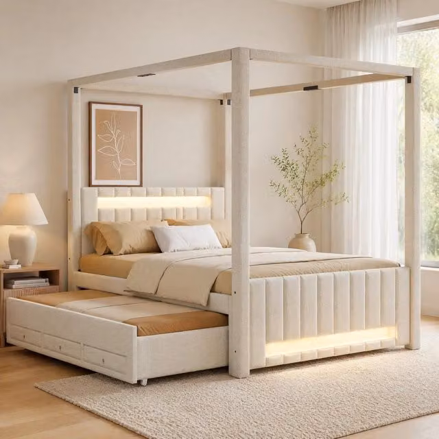 Letto a baldacchino 140x200 cm con letto estraibile; cassetti e LED in lino beige