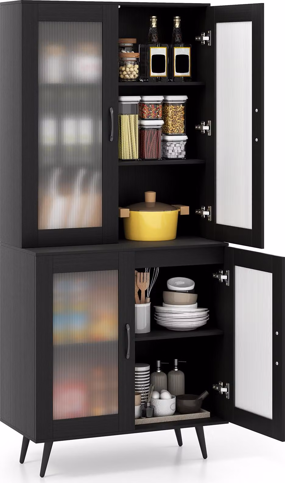 COSTWAY 178,5 cm mobile da cucina, scaffale da cucina con 4 ante trasparenti e ripiano regolabile, mobile buffet, scaffale in piedi, mobile alto, nero