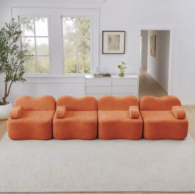 Divano modulare 4 posti 384x98x70 cm in velluto arancione, per salotti, senza montaggio –