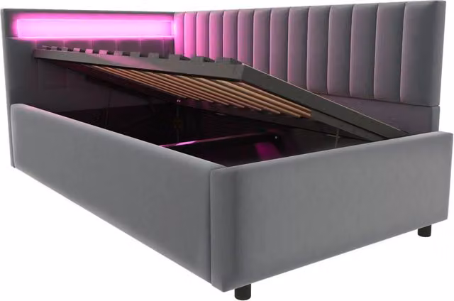 Letto imbottito 90x200 cm con illuminazione LED, vano contenitore idraulico e testiera regolabile in velluto grigio