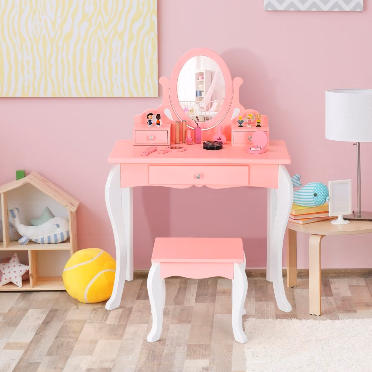 Set toeletta per bambini Costway con specchio girevole a 360 gradi, 3 cassetti e sgabello, colore rosa