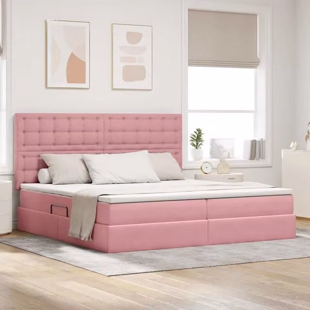 Letto con contenitore vidaXL in velluto rosa con base a sollevamento e porta USB, L/P: 200 x 200 cm