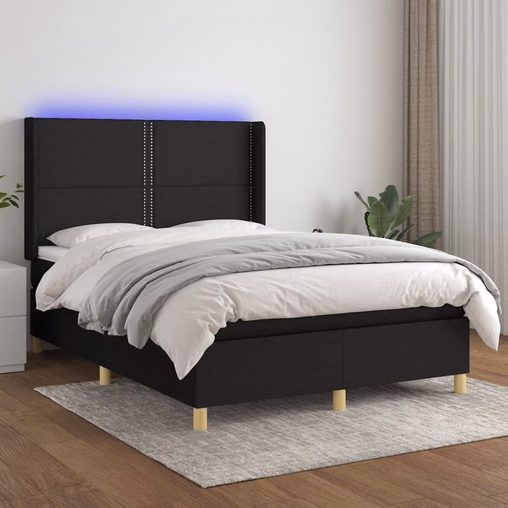 The Living Store Letto a molle con materasso e LED nero 140x200 cm in tessuto