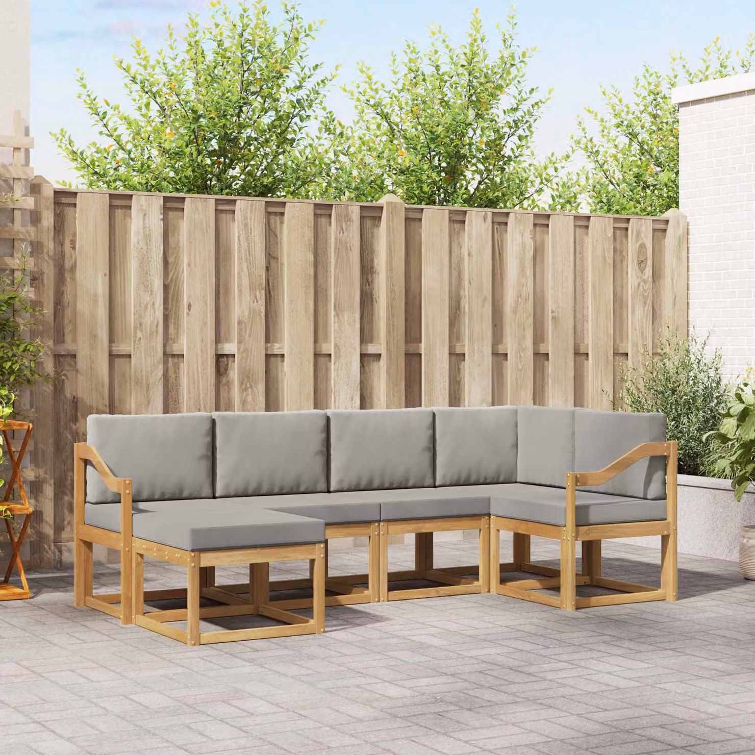 Set di divani da esterno vidaXL a forma di L composto da 6 pezzi in legno di acacia con cuscini inclusi, colori bianco, grigio e marrone