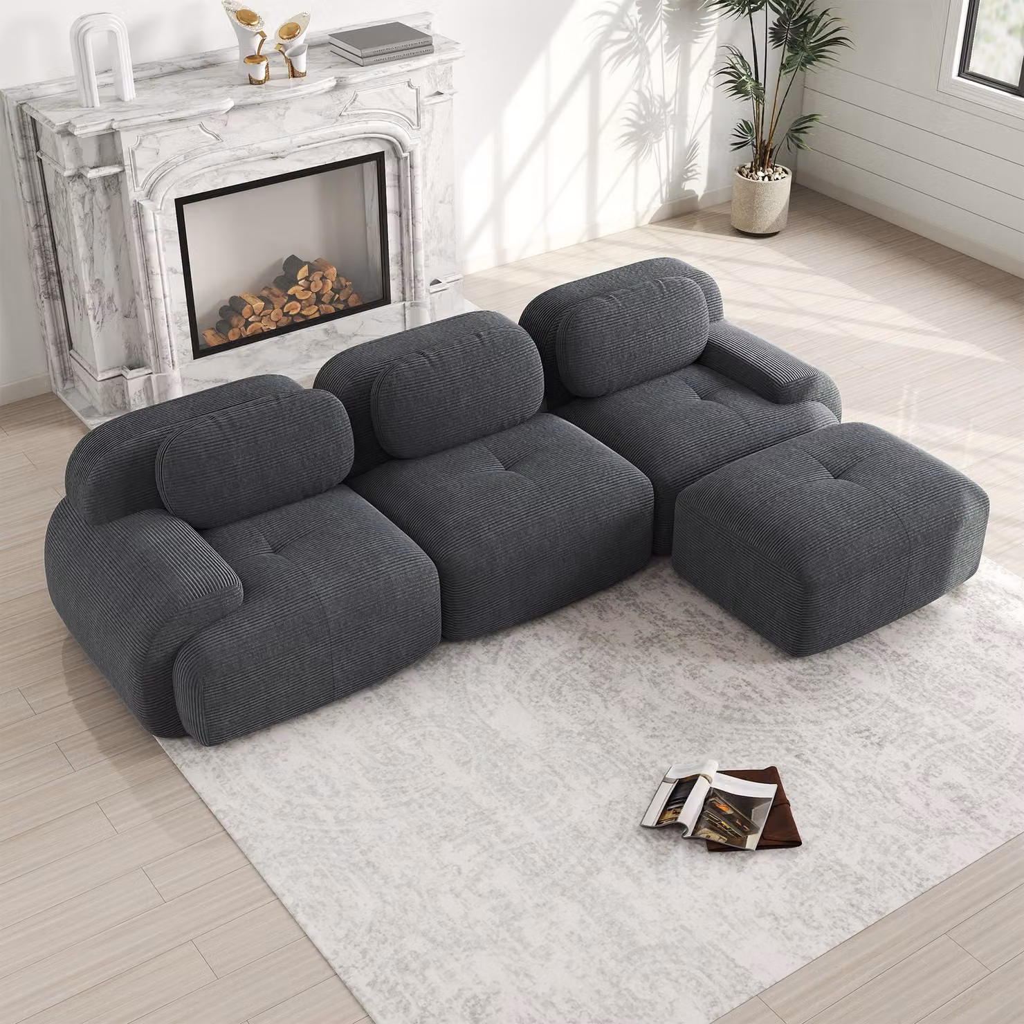 Divano angolare modulare, senza necessità di montaggio, struttura invisibile, imbottitura in Cord e schiuma 32D, braccioli extra-largi, ideale per chi ha animali domestici (grigio)