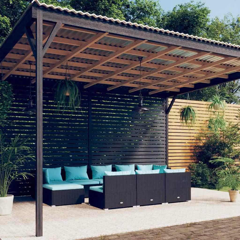 vidaXL Set Divani da Giardino 10 Pezzi in Polyrattan Nero con Cuscini Blu e Coperture Rimovibili – 1