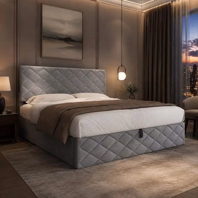 Letto contenitore idraulico 140x200 cm con rete a doghe; rivestimento in velluto grigio