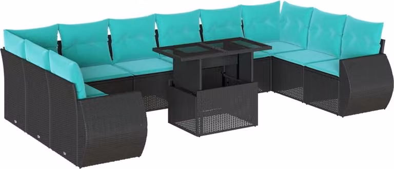 set di divani da giardino da 11 pezzi con cuscini, in polyrattan nero