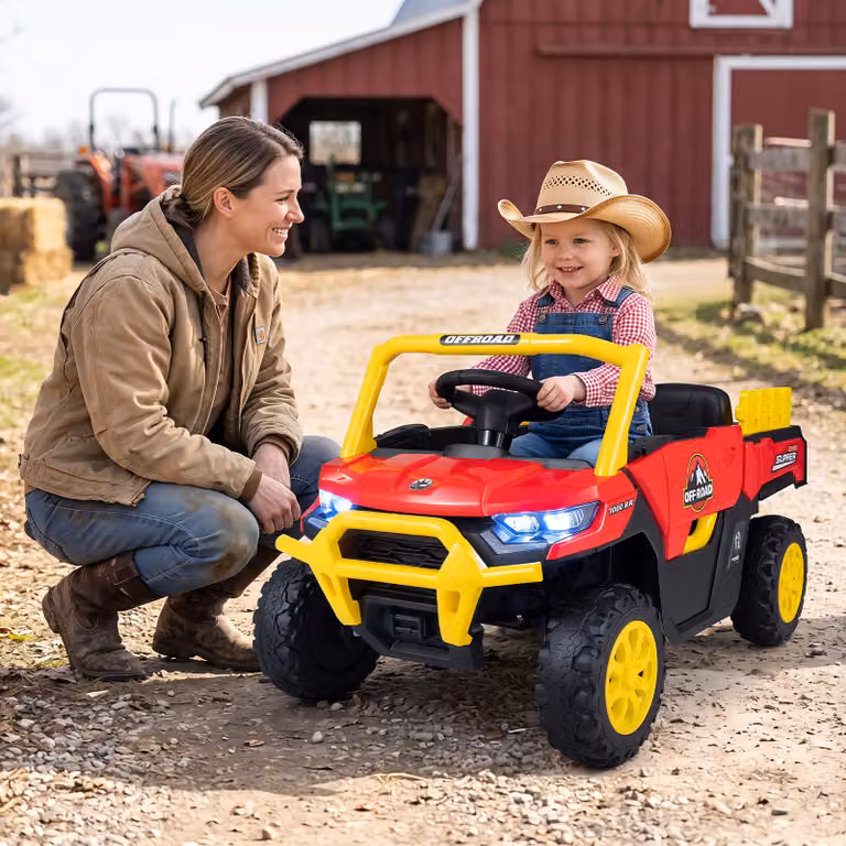 Costway 12 v macchina elettrica per bambini 3+ anni auto utv, Veicolo cavalcabile con cassone 2 motori telecomando cintura di sicureza Rosso