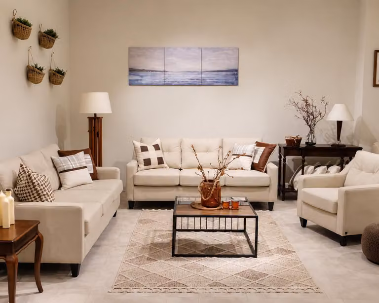 Beiges Sofa set 3-Sitzer Sofa Sessel Wohnzimmer textil Polstermöbel