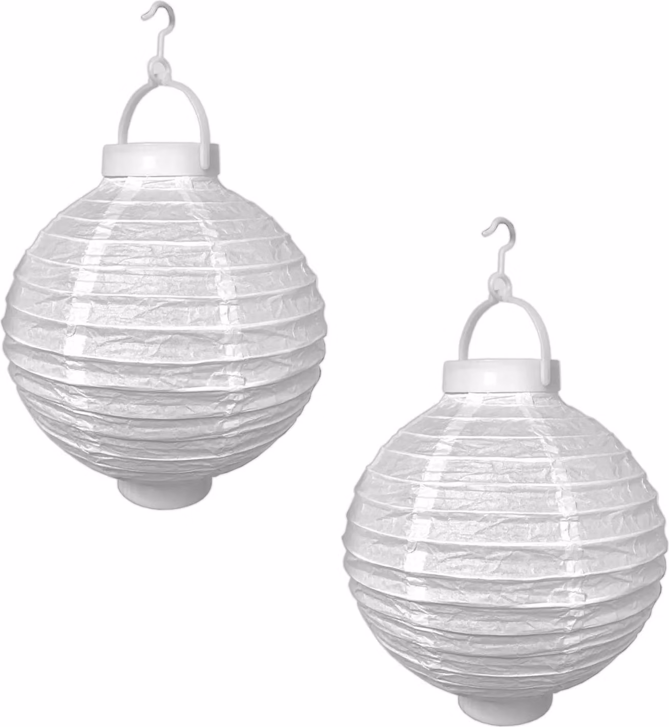 Set di 2 lanterne LED, ideali per feste e giardini, diametro 20 cm, colore bianco. Include paralumi decorativi a forma di sfera