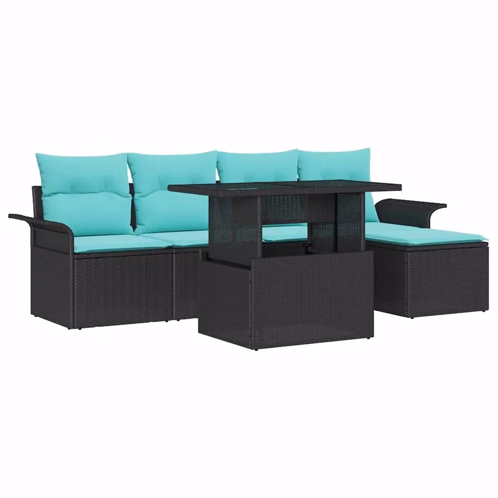 Set Divano da Giardino vidaXL 6 Pezzi con Tavolino e Pouf, Colore Nero e Turchese, Struttura in Acciaio Verniciato a Polvere e Cuscini Inclusi – 2