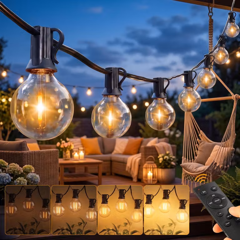 Catena luminosa da 35 metri, con lampadine LED G40, dimmerabile, grado di protezione IP44, con telecomando, luce bianco caldo