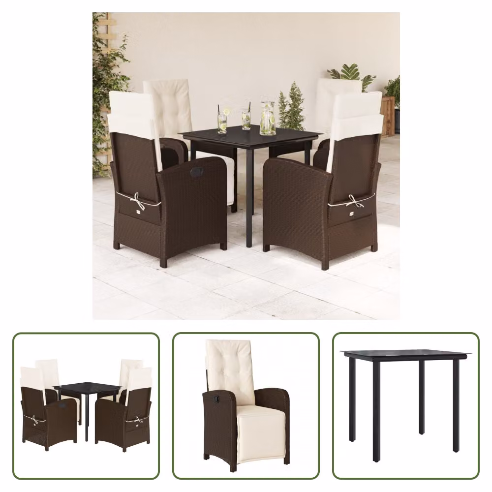 The Living Store Set da pranzo da giardino 5 pezzi con cuscini in polirattan marrone