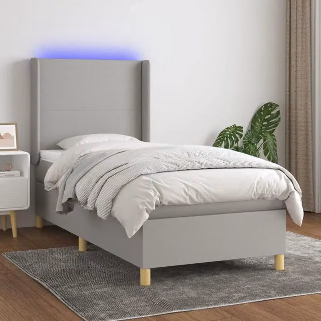 Letto a molle con illuminazione LED e porta USB vidaXL in tessuto grigio, L/P/H: 90 x 190 x 128 cm