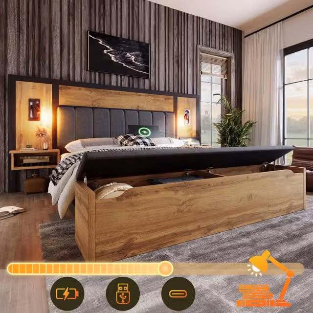 Letto matrimoniale ULEVR 160x200 cm con comodini, lampade da lettura, USB e Type-C, panca contenitore effetto rovere