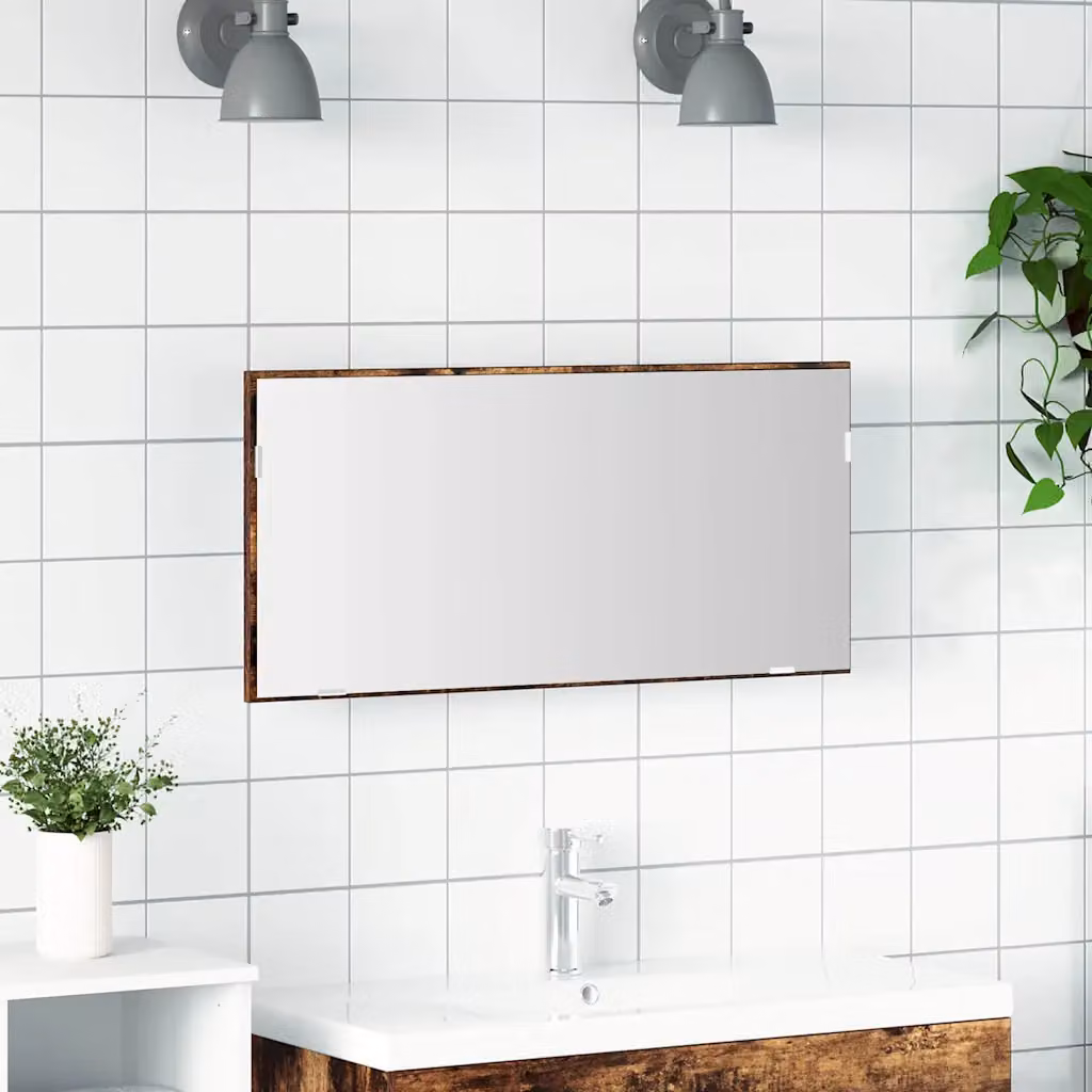 Specchio da parete moderno vidaXL con luce LED in vetro e legno, marrone, L: 80 cm, P: 37 cm