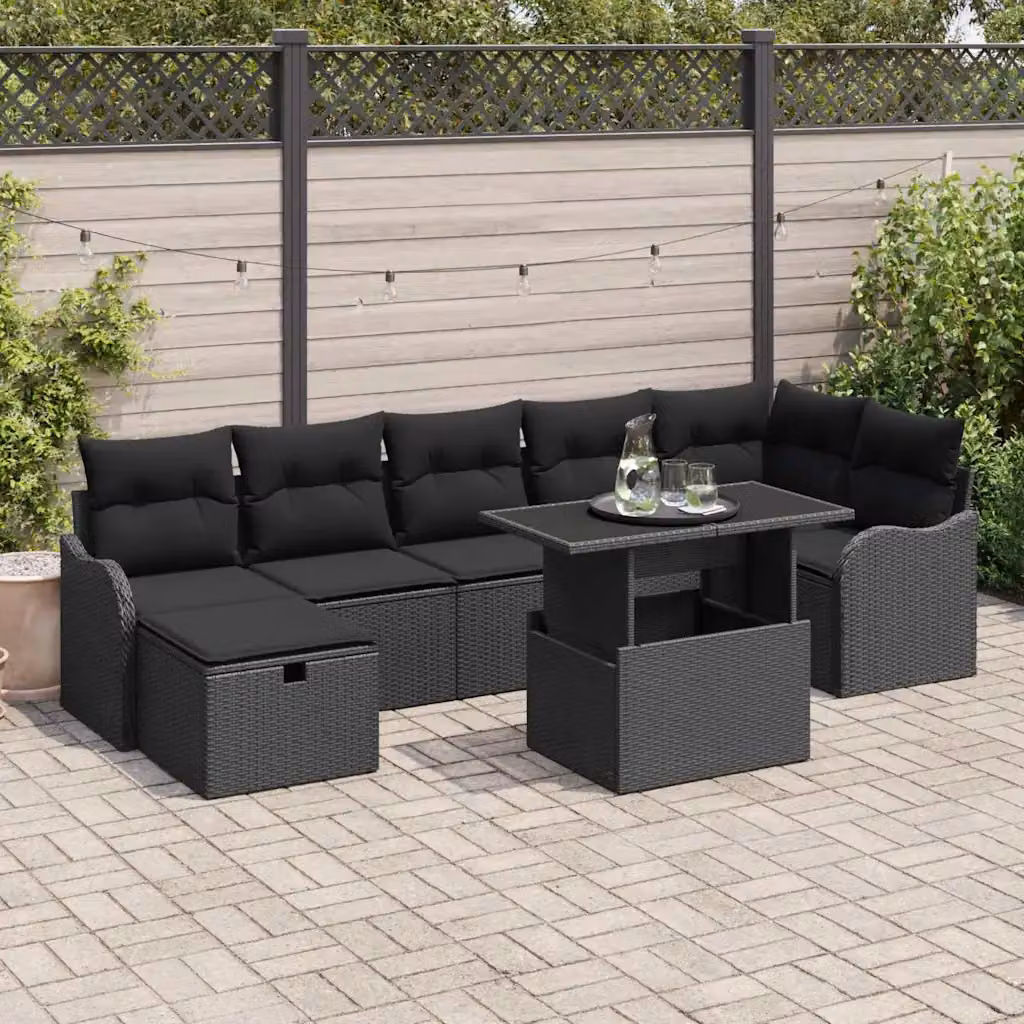 Set Divano da Giardino vidaXL in Polyrattan Nero con Cuscini e Tavolino in Vetro, 8 Pezzi – 1
