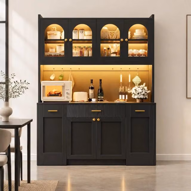 Colonna cucina nera 120 cm con LED RGB e 3 vetrine