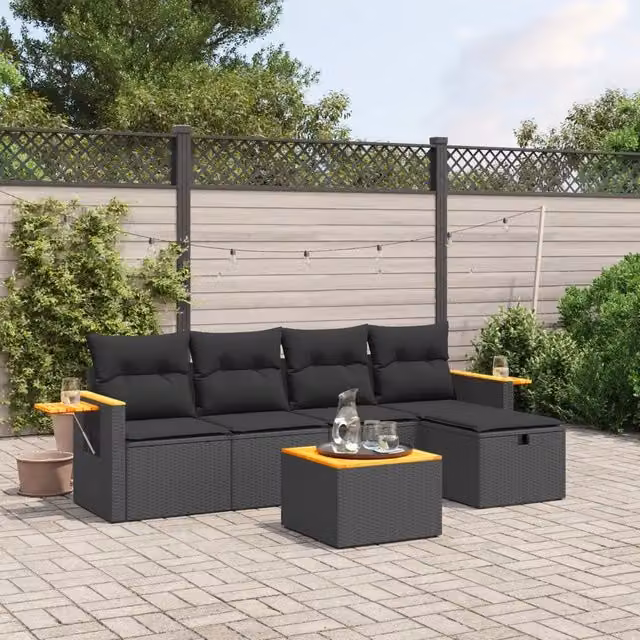 Set Divano da Giardino 6 pz con Cuscini Nero in Polyrattan 3265507