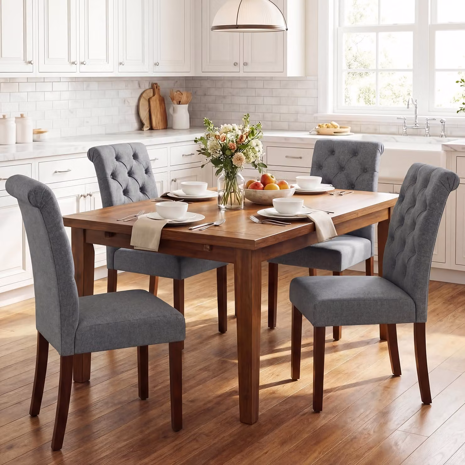 Set di 2 sedie da pranzo imbottite Costway con schienale alto e gambe in legno Grigio