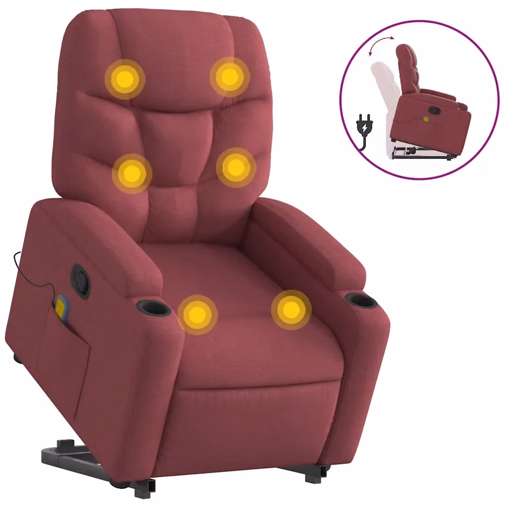 Poltrona Alzapersona con Massaggio Reclinabile vidaXL, Colore Rosso, Tessuto e Schiuma – 2