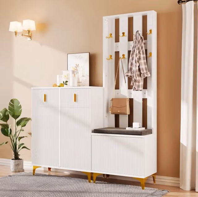 Set per ingresso con scarpiera e appendiabiti; 2 cassetti; 2 ante; bianco